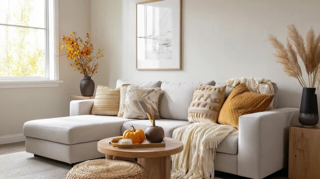 Modern cozy living room with beige sofa, autumn decor, and natural light streaming through a large window. Stylish minimalist interior design with warm earthy tones and pampas grass accents