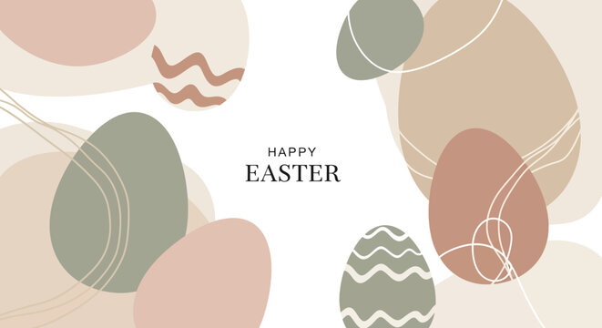 Happy Easter greeting card with abstract egg shapes and decorative patterns in pastel colors