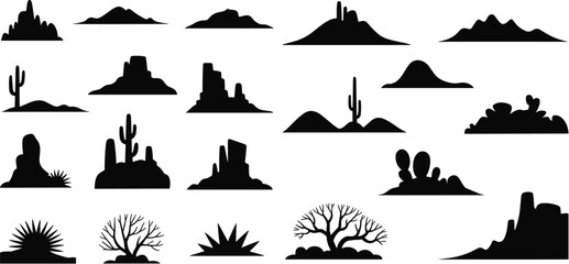 Black desert landscape silhouette collection, canyon and mountain vector set, cactus and arid nature elements, cad drawing flat vector illustration, southwest, © Shahin