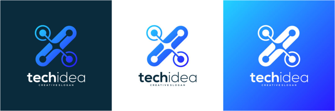 Modern letter X initial tech with network connection logo template. Abstract vector icon blue gradient. 