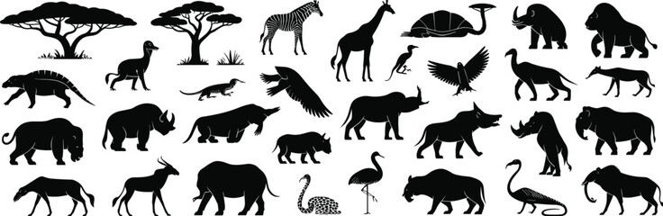 Black woodland animal silhouette collection, deer bear fox rabbit and owl vector set, forest wildlife, cad drawing flat vector illustration, nature elements, © Shahin