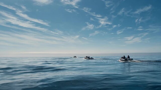 Midrange view of specialists deploying ecofriendly explosive disposal devices on a calm ocean surface emphasizing marine environmental protection.