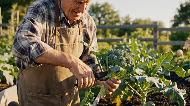 A middle-aged man in a plaid shirt and apron harvesting a broccoli in a garden with lush greenery and a wooden fence in the background.