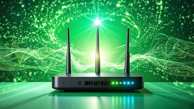 Wireless router with three antennas emitting a bright green light and digital waves.