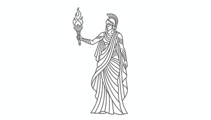 Ancient Greek Goddess Holding Flaming Torch, Line Art Illustration
