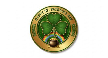 Fototapeta premium St patrick's day gold coin with shamrock and rainbow pot of gold