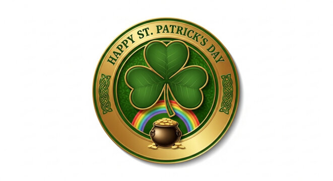 St patrick's day gold coin with shamrock and rainbow pot of gold