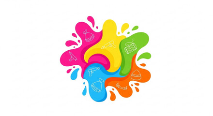 Fototapeta premium Vibrant colorful paint splashes in pink yellow green blue and orange hues on white background