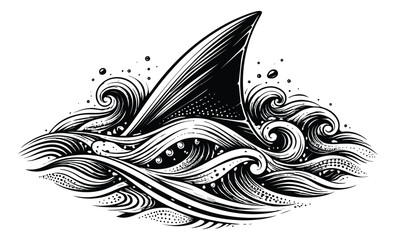 Fototapeta premium Hand drawn line art illustration of a shark fin depicting a menacing presence in ocean waves for marine life concepts