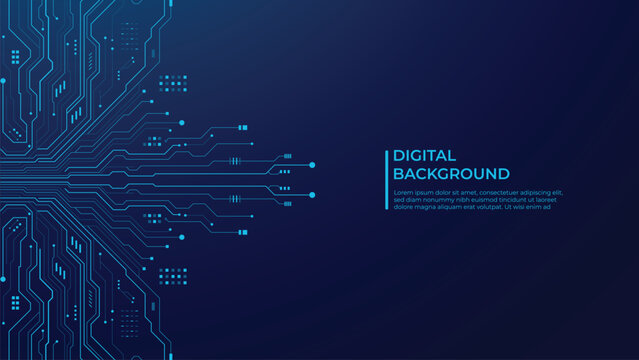 Abstract blue digital circuit board pattern with glowing lines representing technology and data flow