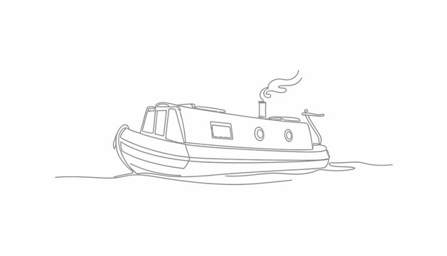 Single Line Drawing of a Canal Boat with Smoke from Chimney on Water