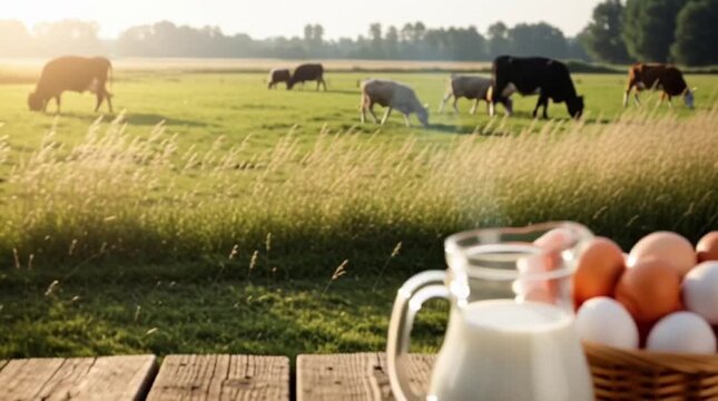 Comprehensive Assortment of Fresh Organic Dairy and Beef on Farm Table