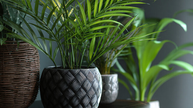 Indoor plants in decorative pots, creating a sense of tranquility and a fresh atmosphere. A harmonious blend of nature and interior decor, bringing a touch of the outdoors inside.