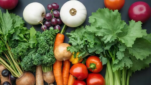 Fresh organic vegetables assortment with carrot onion tomato leafy green celery vibrant root