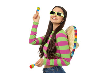 Fototapeta premium Woman wearing vibrant clothing celebrating with maracas, isolated, PNG