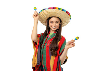 Fototapeta premium A person celebrates in vibrant attire with maracas, isolated, PNG