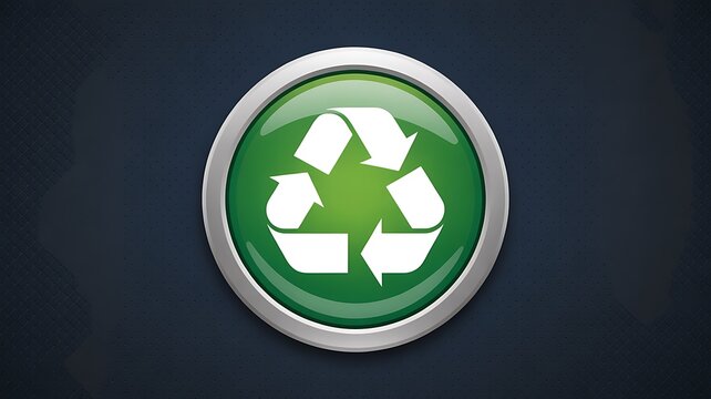 Green circular button with white recycling arrows symbol on dark background