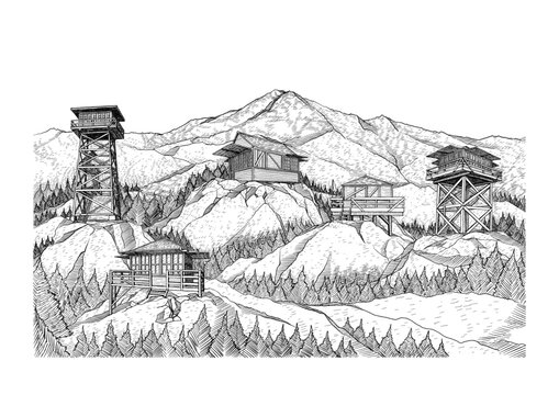 Mountain Fire Lookout Cabin Line Art Vector Illustration
