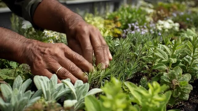 Close view of hands planting fragrant herbs and textured plants designed to stimulate senses in a healing garden space.