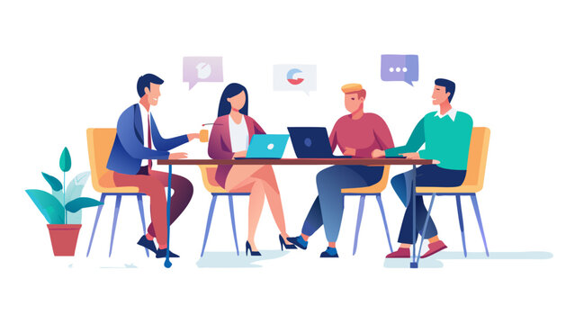 Diverse team collaborating at a table with laptops. Modern flat vector illustration of business professionals working together in a clean office style, perfect for corporate design projects

