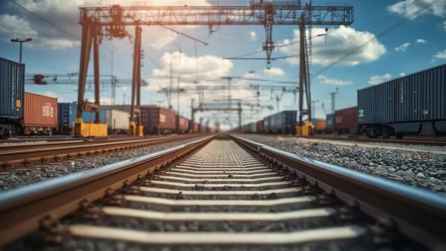 Railway track through freight container yard with cranes under dramatic cloudy sky and sunny light