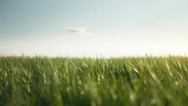 Lush green grass field under soft sky with single cloud sunlight on peaceful horizon