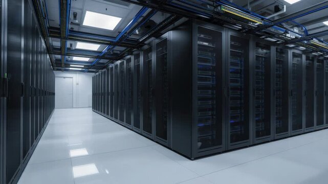 Server rack data center aisle networking cable corridor with cooling lights and overhead trays