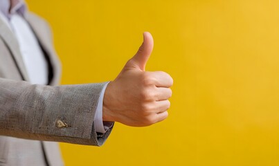 Hand in formal suit gives thumbs up. Sign of approval positive energy and success.