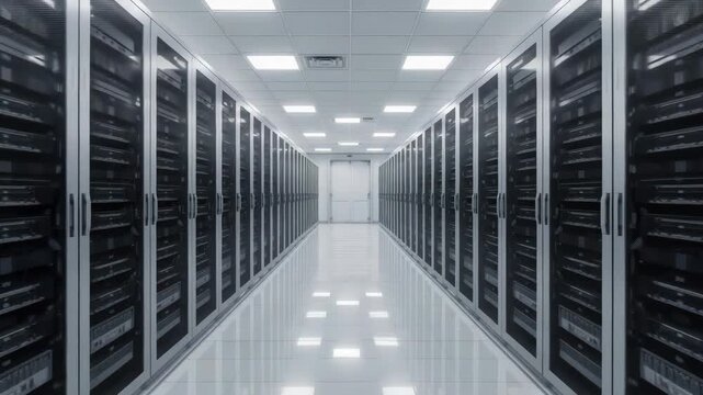 Bright data center corridor with rows of server racks and mirrored aisle showcasing network