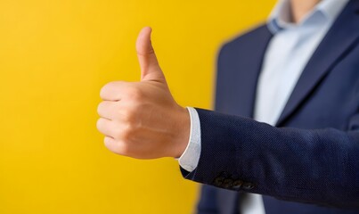 Hand in formal suit gives thumbs up. Sign of approval positive energy and success.