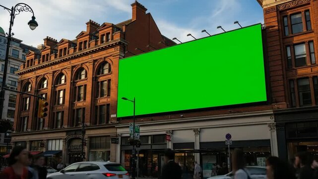 Urban billboard green screen in bustling city street at dusk.