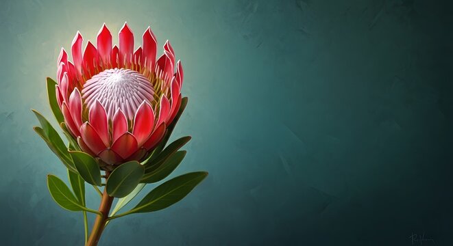 A vibrant red protea flower with a white center