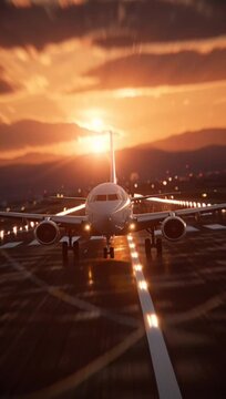 Emergency landing at sunset on a high speed runway with bright guiding lights