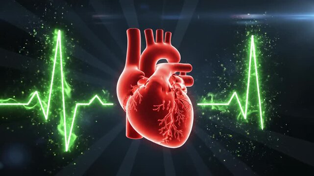 3D illustration of a human heart with glowing green ECG lines on a dark background with rays of light.
