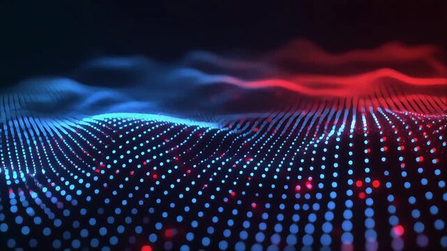 Abstract AI background with blue and red glowing data waves, futuristic digital grid landscape, neural network technology motion for tech, fintech and innovation visuals.