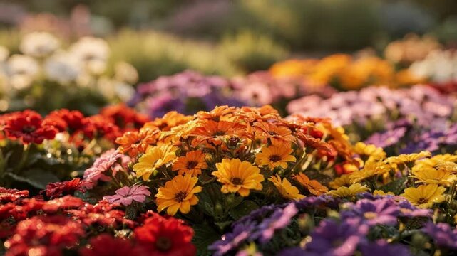 Closeup of summer annuals arranged in themed floral beds crisp focus on colorful petals contrasting against softly blurred surrounding greenery.