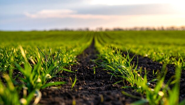 Rows of vibrant green sprouts emerge from dark soil under a soft, fading sunset sky