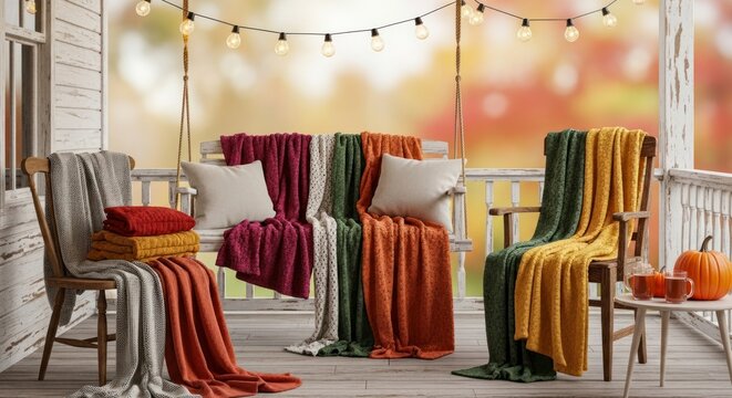 Cozy autumn porch scene with blankets pillows pumpkins and string lights