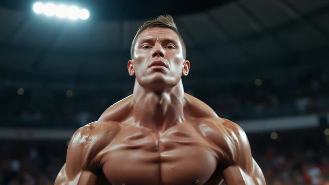 Muscular male athlete posing stadium lights, determined expression during intense push exercise