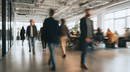 Businessperson walking office modern coworking motion blur through busy open plan workplace, creating energetic atmosphere