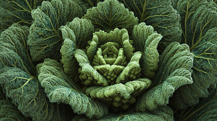 Obraz premium A close-up view of a vibrant green cabbage showing intricate patterns and textures. It is an edible plant