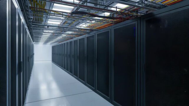 Modern data center aisle with server racks and colored cable trays overhead creating quiet row