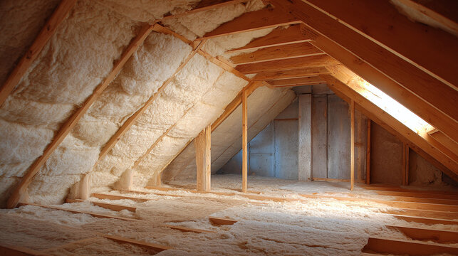 Inside an attic with spray foam insulation, the image shows a house interior during a renovation