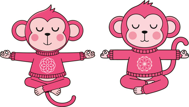 Cute pink monkey cartoon character vector set featuring two adorable monkeys practicing yoga meditation in seated poses