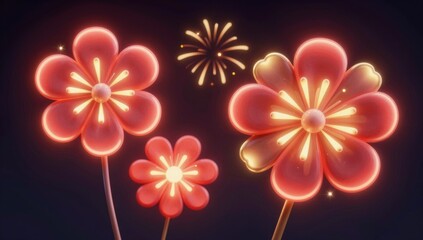 Obraz premium Three stylized illuminated coral flowers with glowing centers and a small firework burst