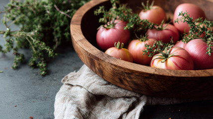 Pink heirloom tomato, wooden bowl, rustic, thyme, linen cloth, dark background, still life with fresh produce on table