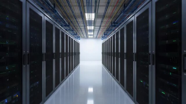 Calm modern server aisle with data racks, organized cable trays and neat cable management