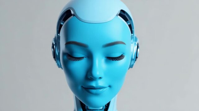 Serene humanoid robot face with closed eye headphone listening futuristic portrait warm expression