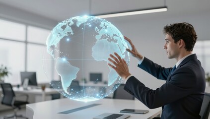 Businessman interacts with a glowing holographic globe displaying Earth in a modern office