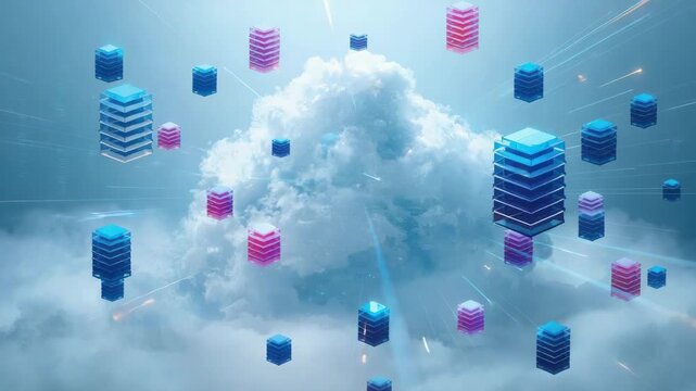 Cloud network server data storage technology with floating data stacks and dynamic light trails